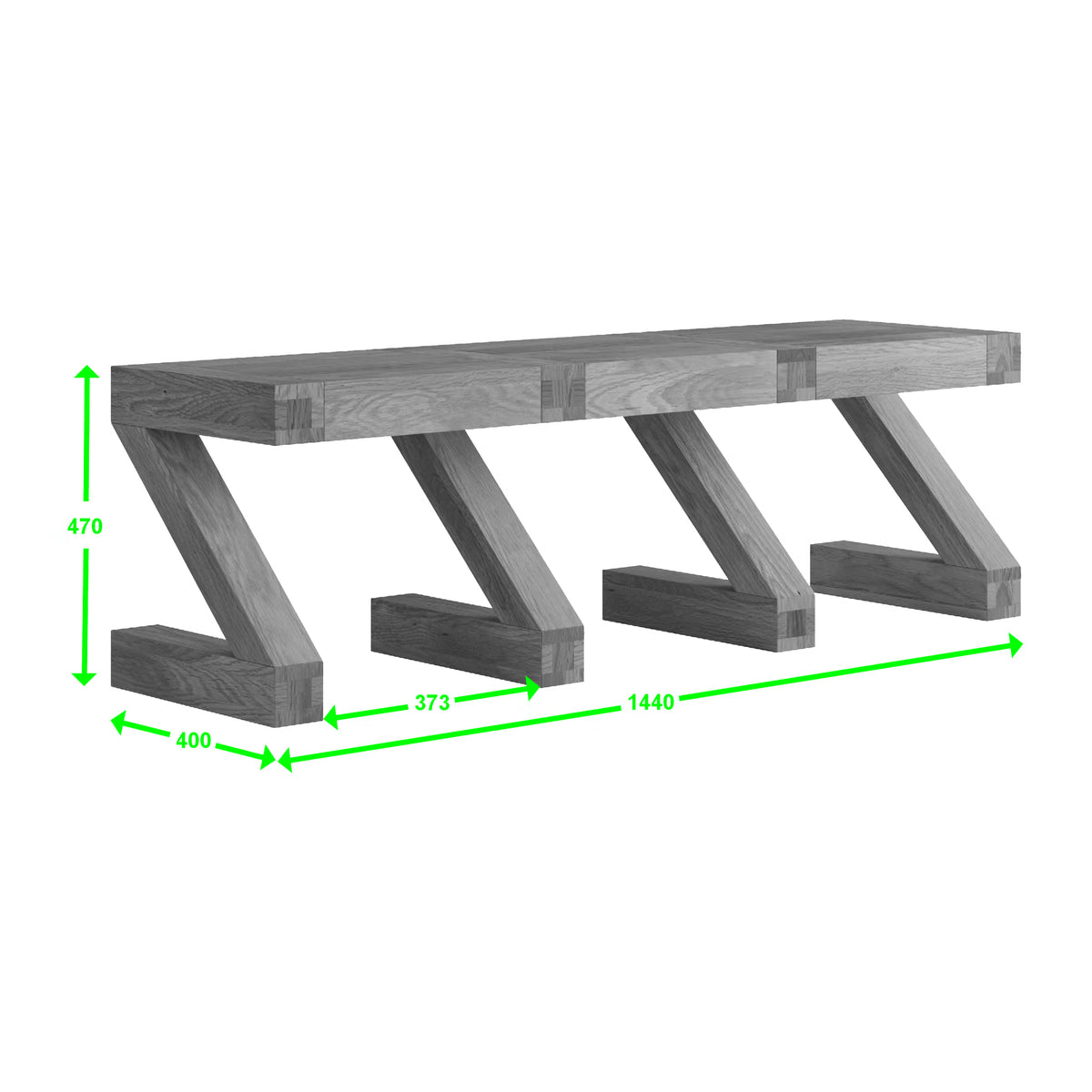 Solid wood dining bench with Z-shaped legs and dimension lines in green