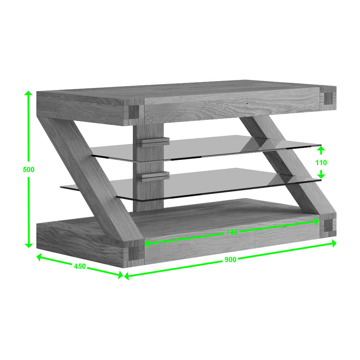 Oak TV stand with glass shelves, dimensions labeled, modern Z-frame, side angle view