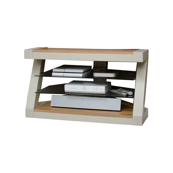 Modern TV stand with glass shelves and oak top, holding media devices and remotes