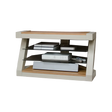 Modern TV stand with glass shelves and oak top, holding media devices and remotes
