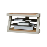 Modern TV stand with glass shelves and oak top, holding media devices and remotes