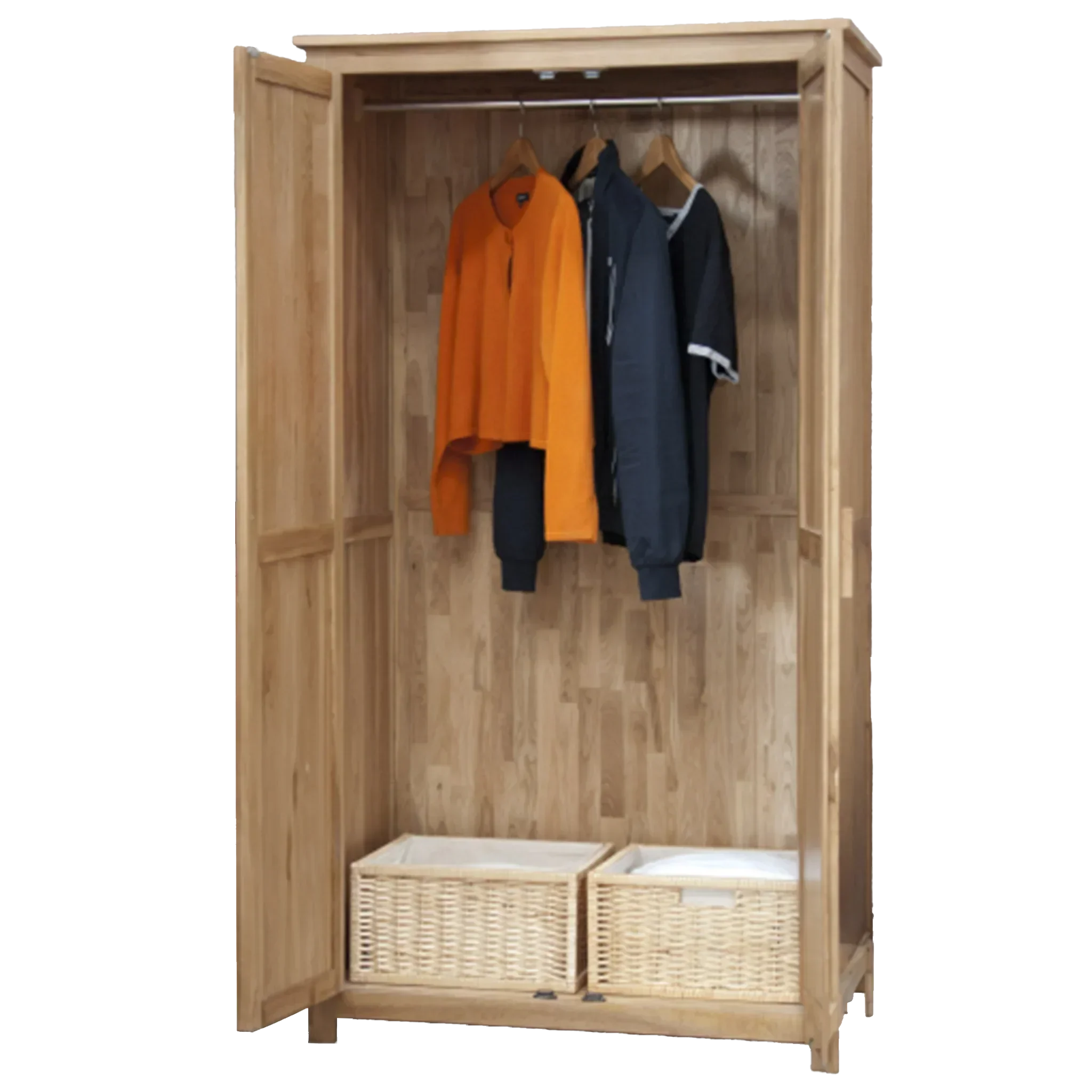 Wooden wardrobe with hanging rail, orange and black clothes, two wicker storage baskets