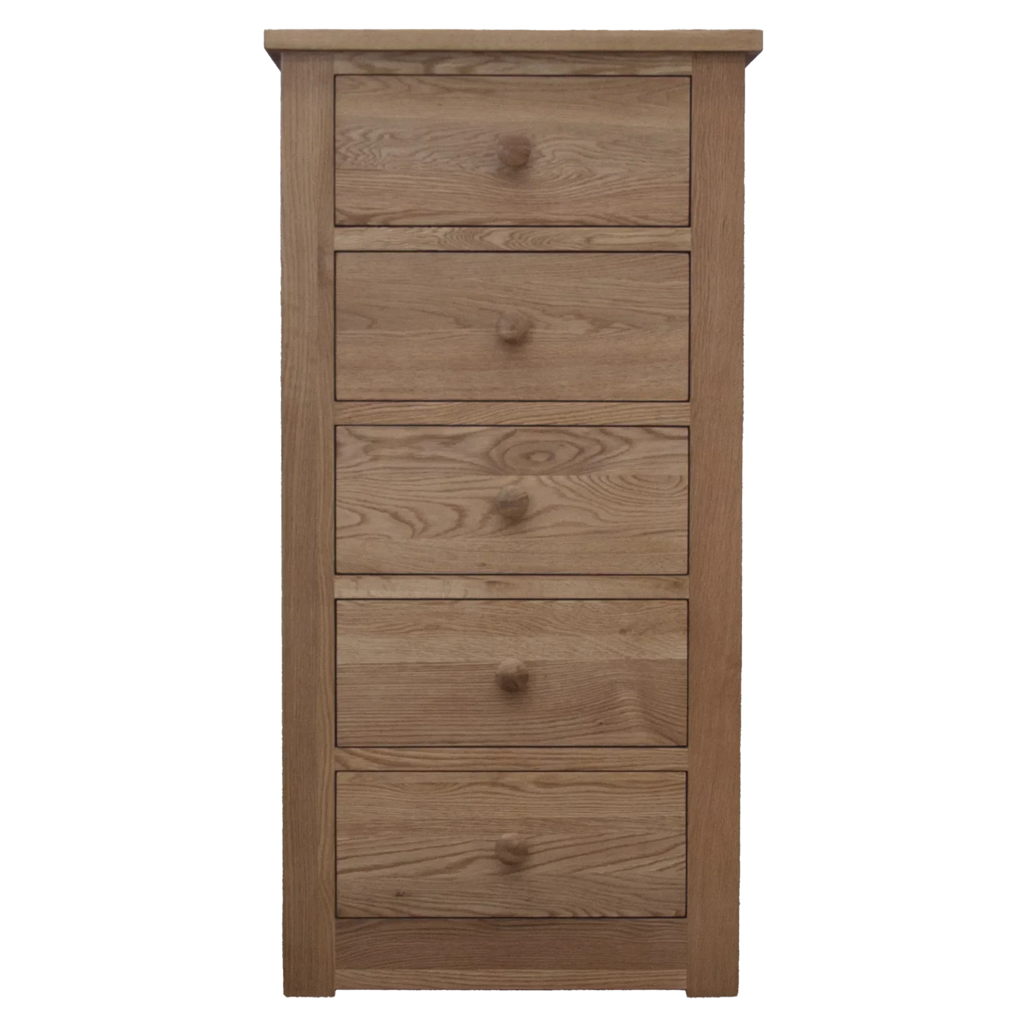 Tall oak chest of drawers with five spacious storage drawers and round wooden handles