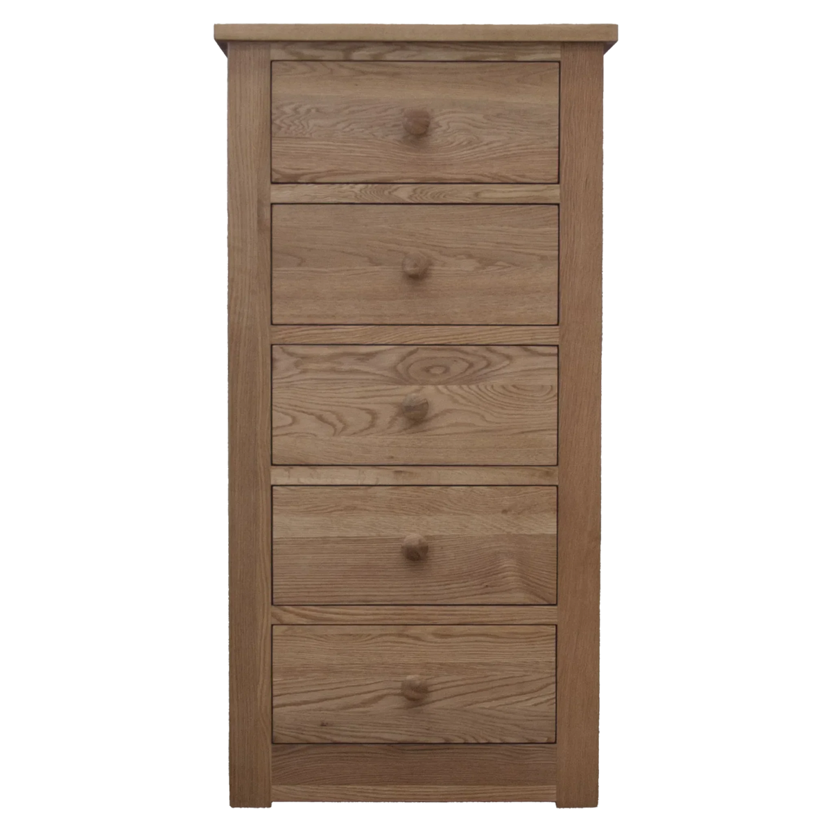 Tall oak chest of drawers with five spacious storage drawers and round wooden handles