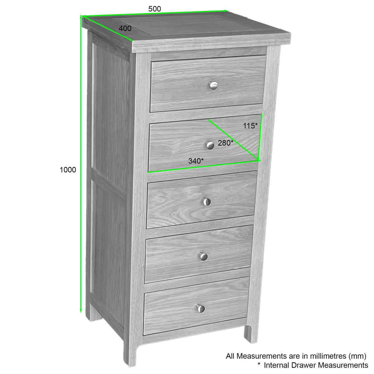 Tall wooden chest of drawers with metal handles, shown with detailed measurements in millimeters
