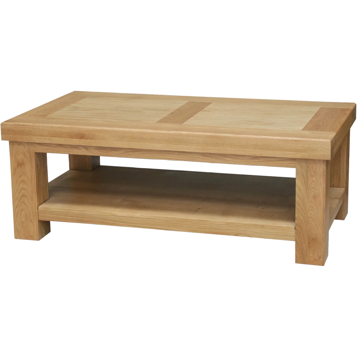 Oak coffee table with shelf and block style legs, natural wood finish