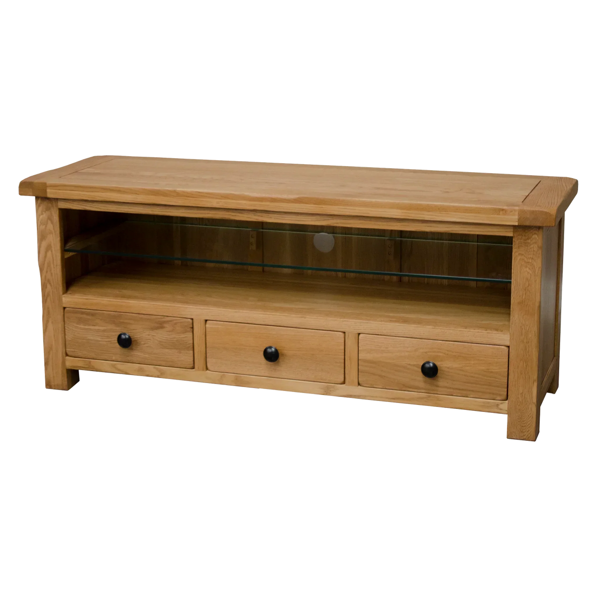 Oak TV unit with three drawers and glass shelf, front view