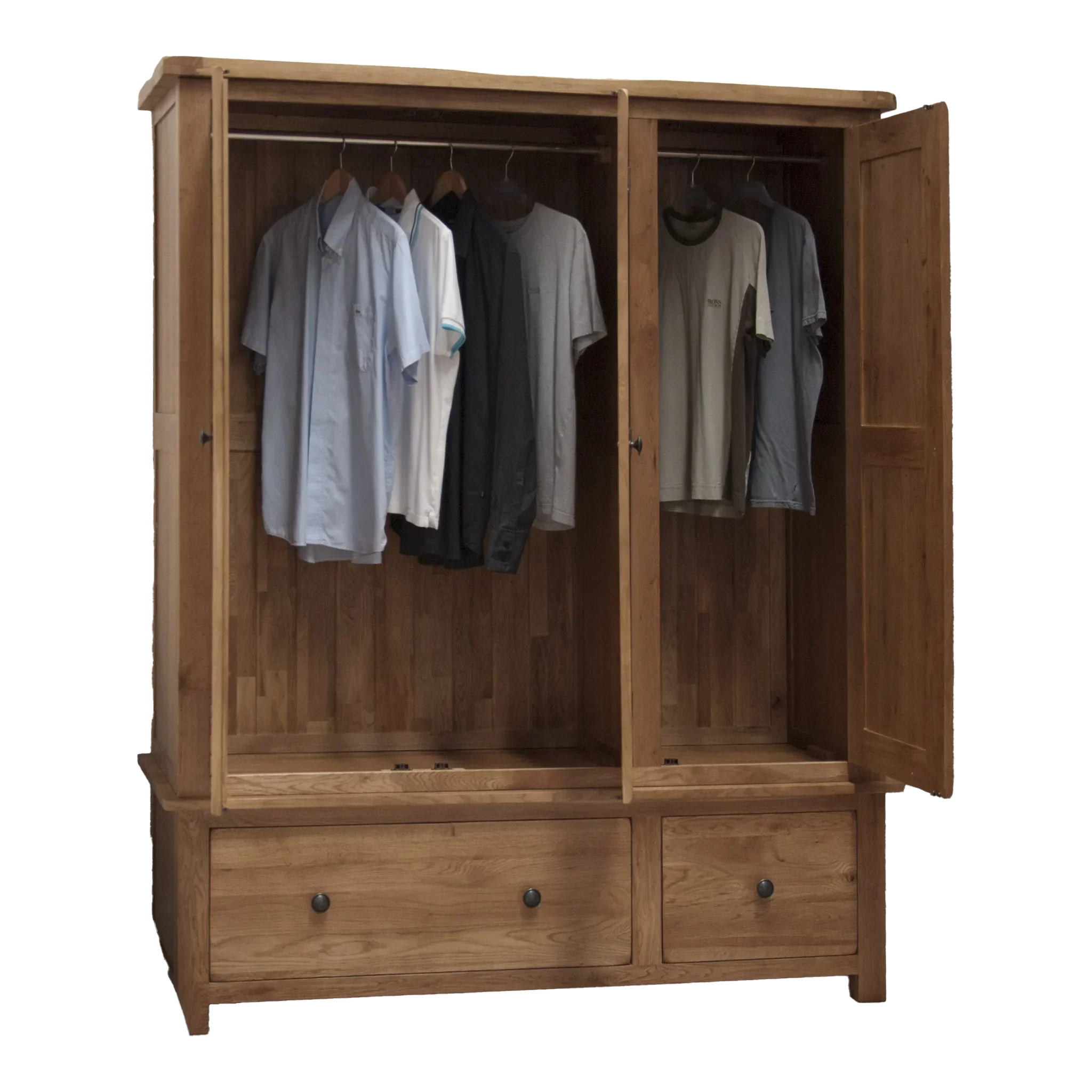 Solid wood wardrobe with open doors, hanging shirts and two lower storage drawers