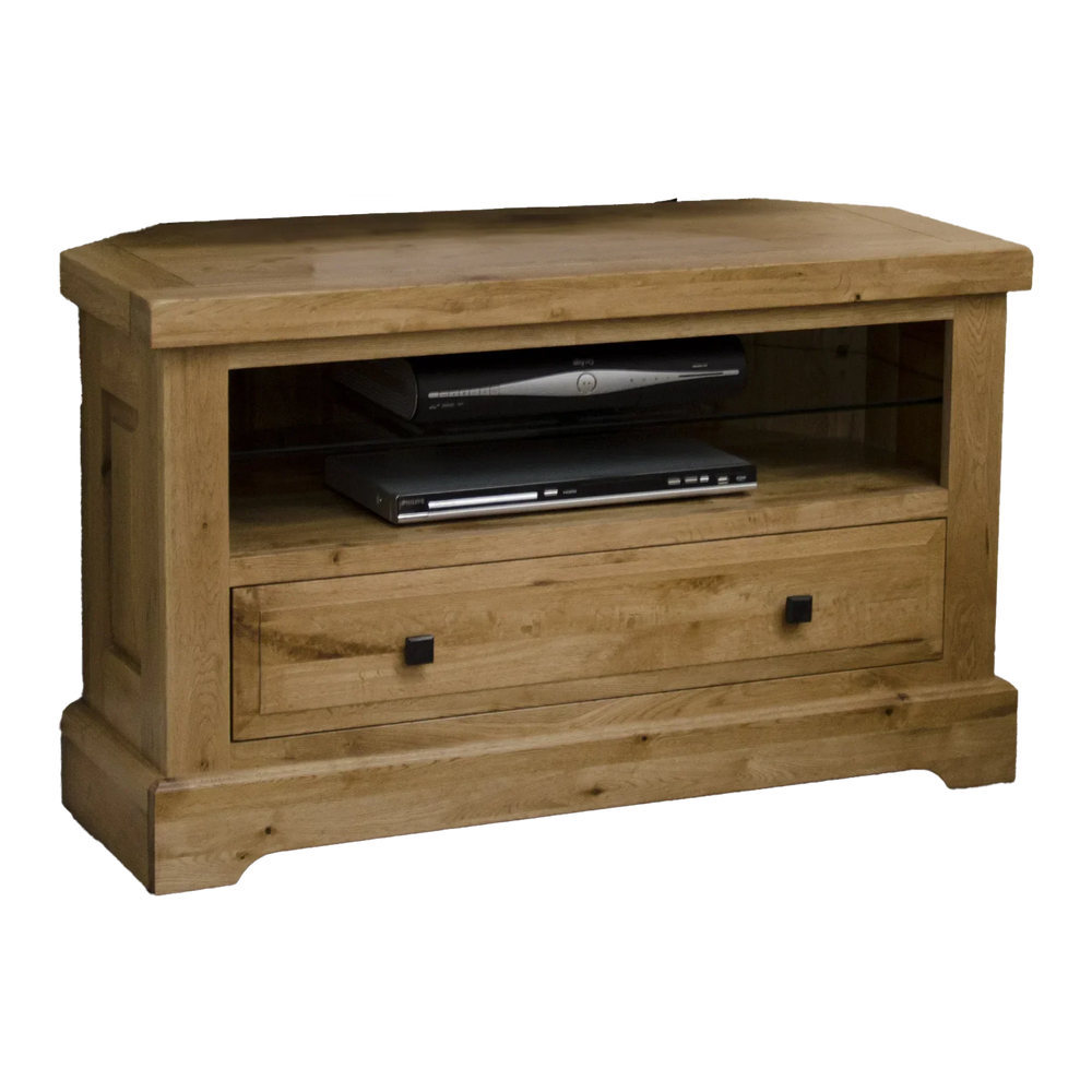 Oak corner TV unit with open shelf and single drawer, suitable for living room storage