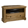Oak corner TV unit with open shelf and single drawer, suitable for living room storage