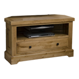 Oak corner TV unit with open shelf and single drawer, suitable for living room storage