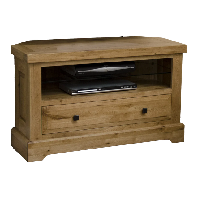 Oak corner TV unit with open shelf and single drawer, suitable for living room storage