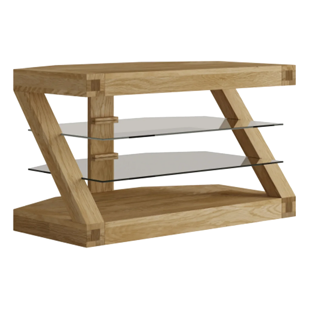 Oak TV stand with angled supports and two glass shelves, modern wood furniture design