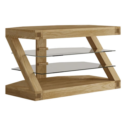 Oak TV stand with angled supports and two glass shelves, modern wood furniture design