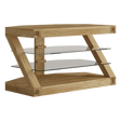Oak TV stand with angled supports and two glass shelves, modern wood furniture design