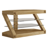 Oak TV stand with angled supports and two glass shelves, modern wood furniture design