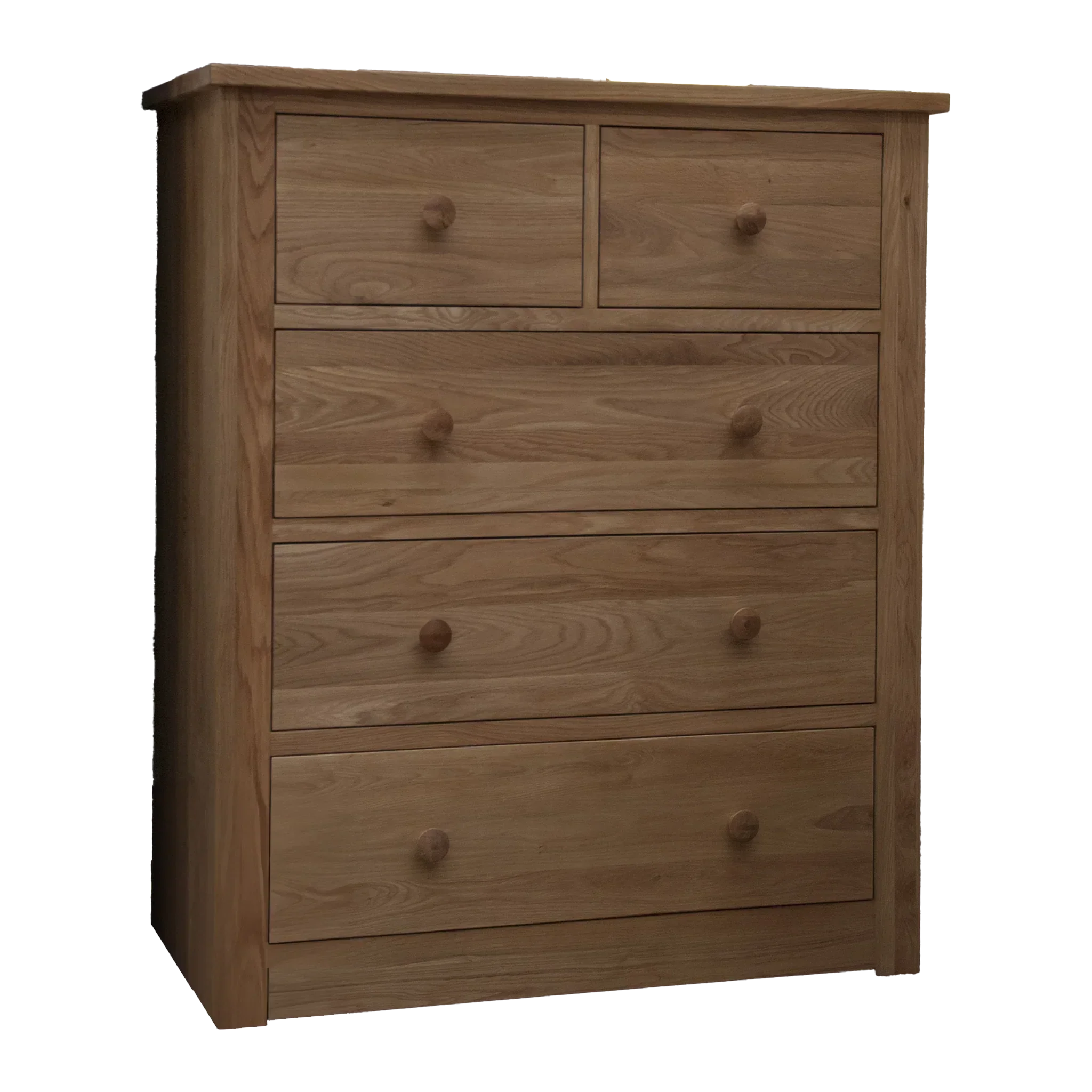 Oak chest of drawers with five drawers and round wooden knobs, front angle view