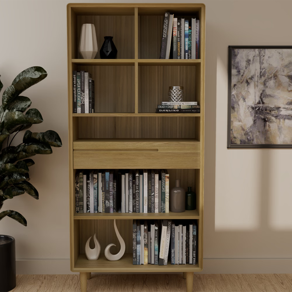 Oak bookcase with open shelves, books, decorative vases, and modern home decor