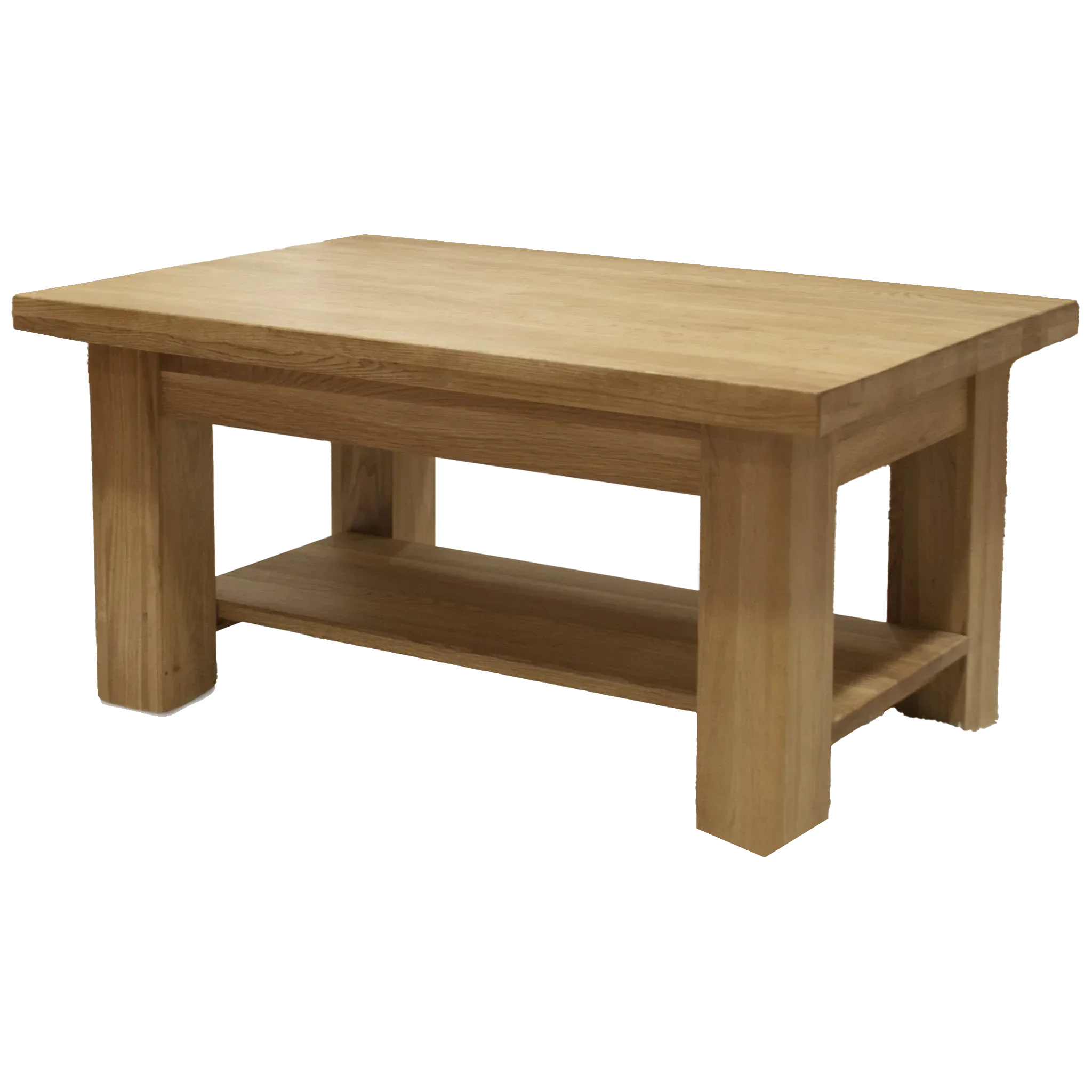 Oak coffee table with lower shelf and chunky legs, angled front view
