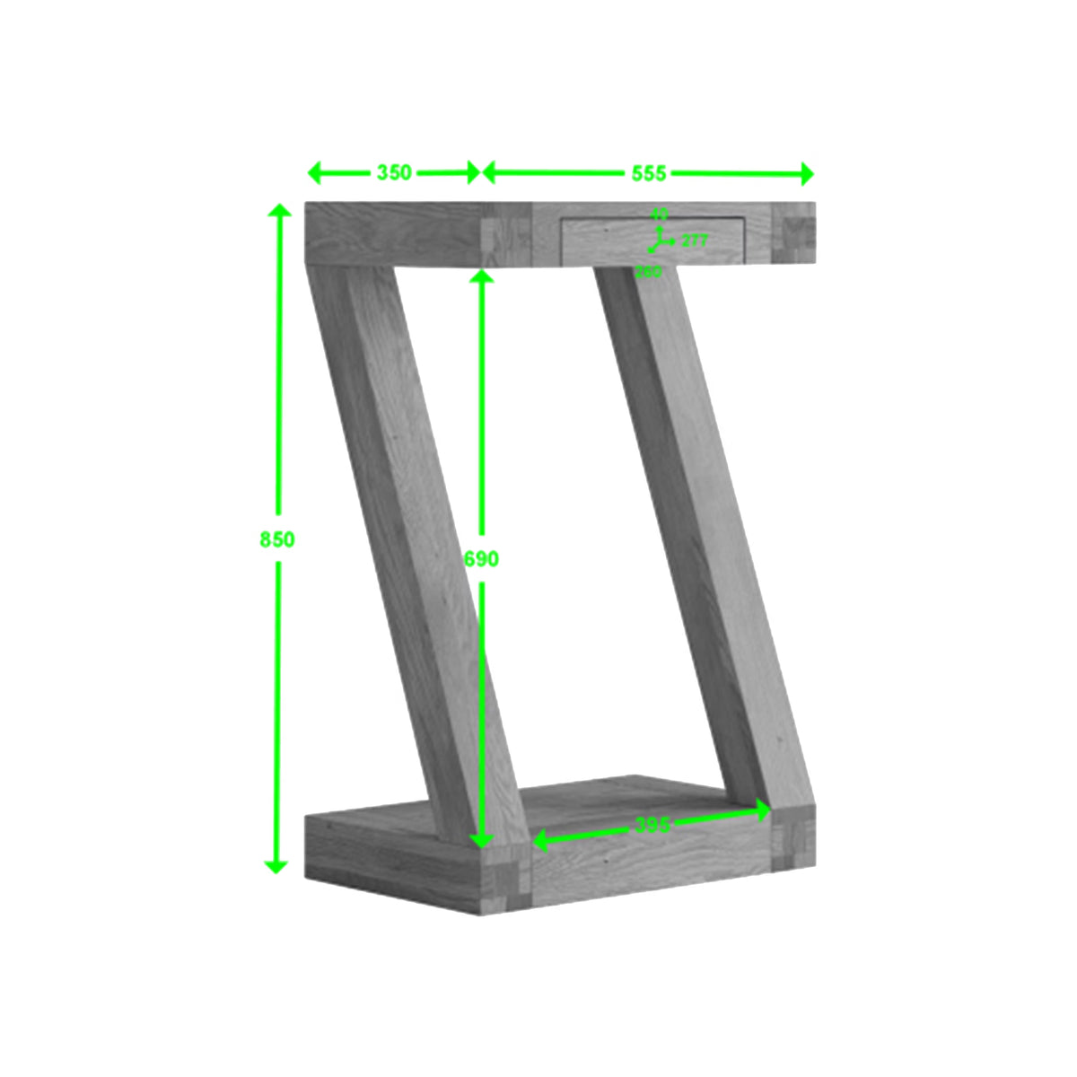 Oak console table with angled legs and measurements highlighted in green