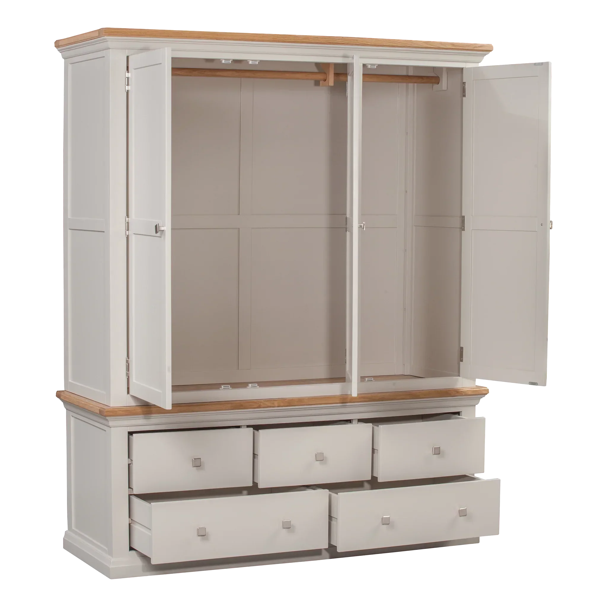 Painted wooden wardrobe with open double doors, hanging rail, and six open storage drawers