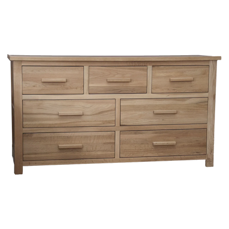 Oak chest of drawers with seven storage drawers and wide rectangular design
