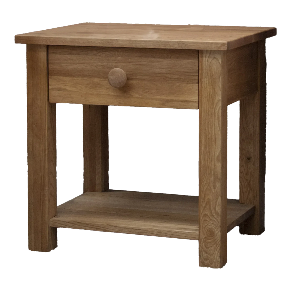 Oak bedside table with single drawer and lower shelf, natural wood finish