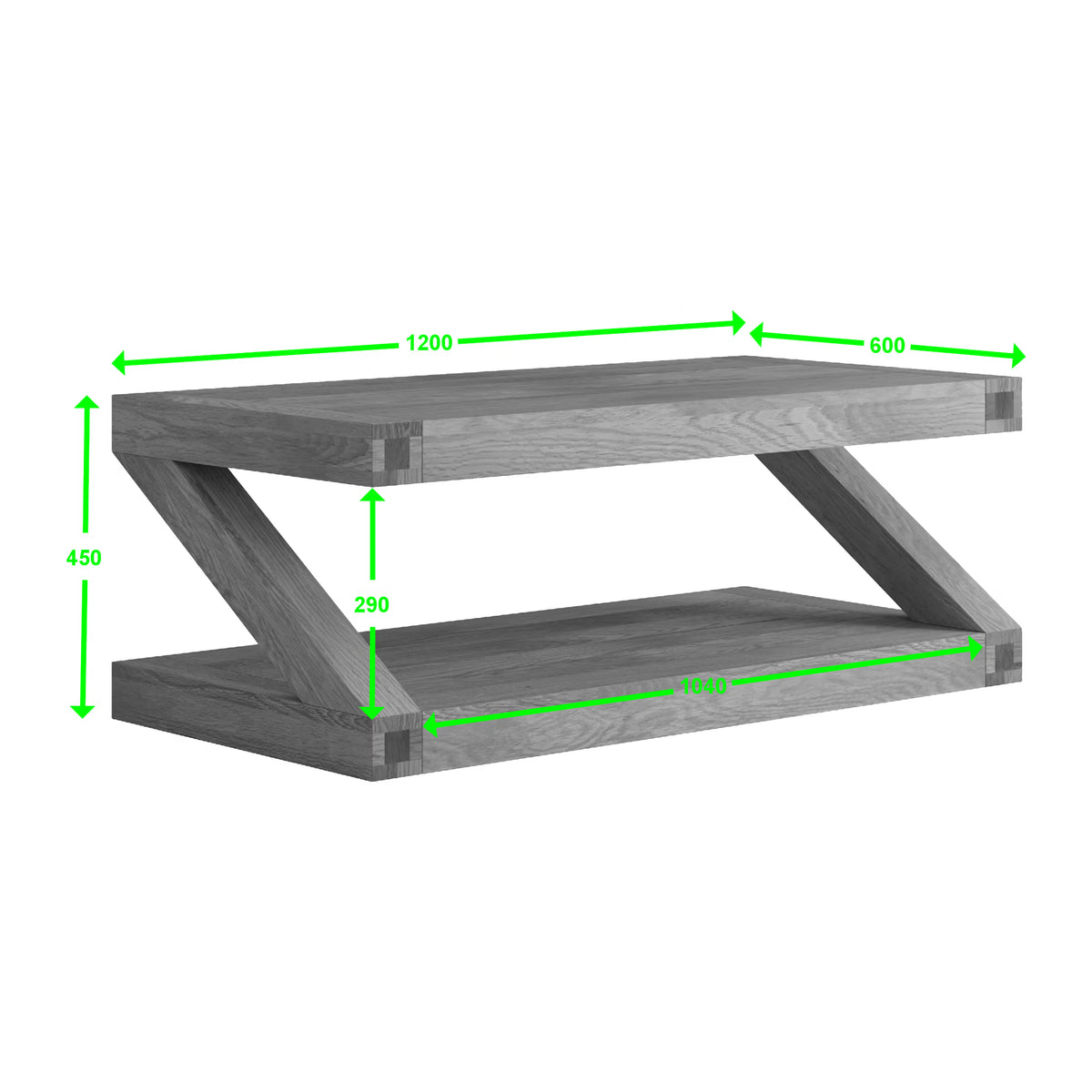 rectangular wooden coffee table with angled legs and green measurement lines