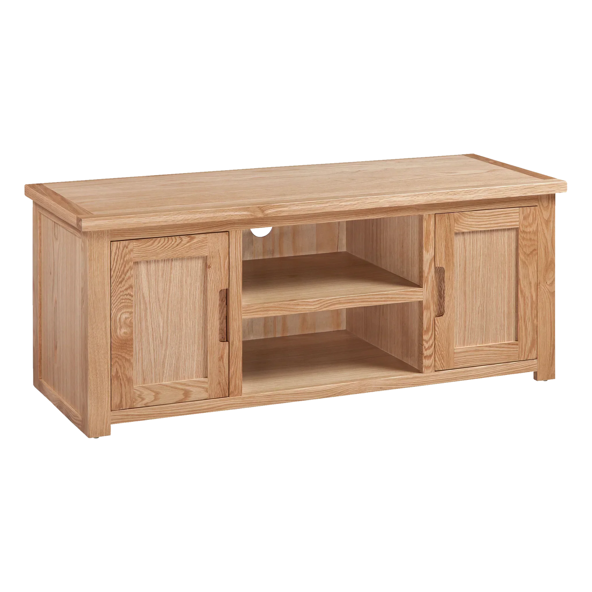 Oak TV unit with two doors and open shelving for media storage