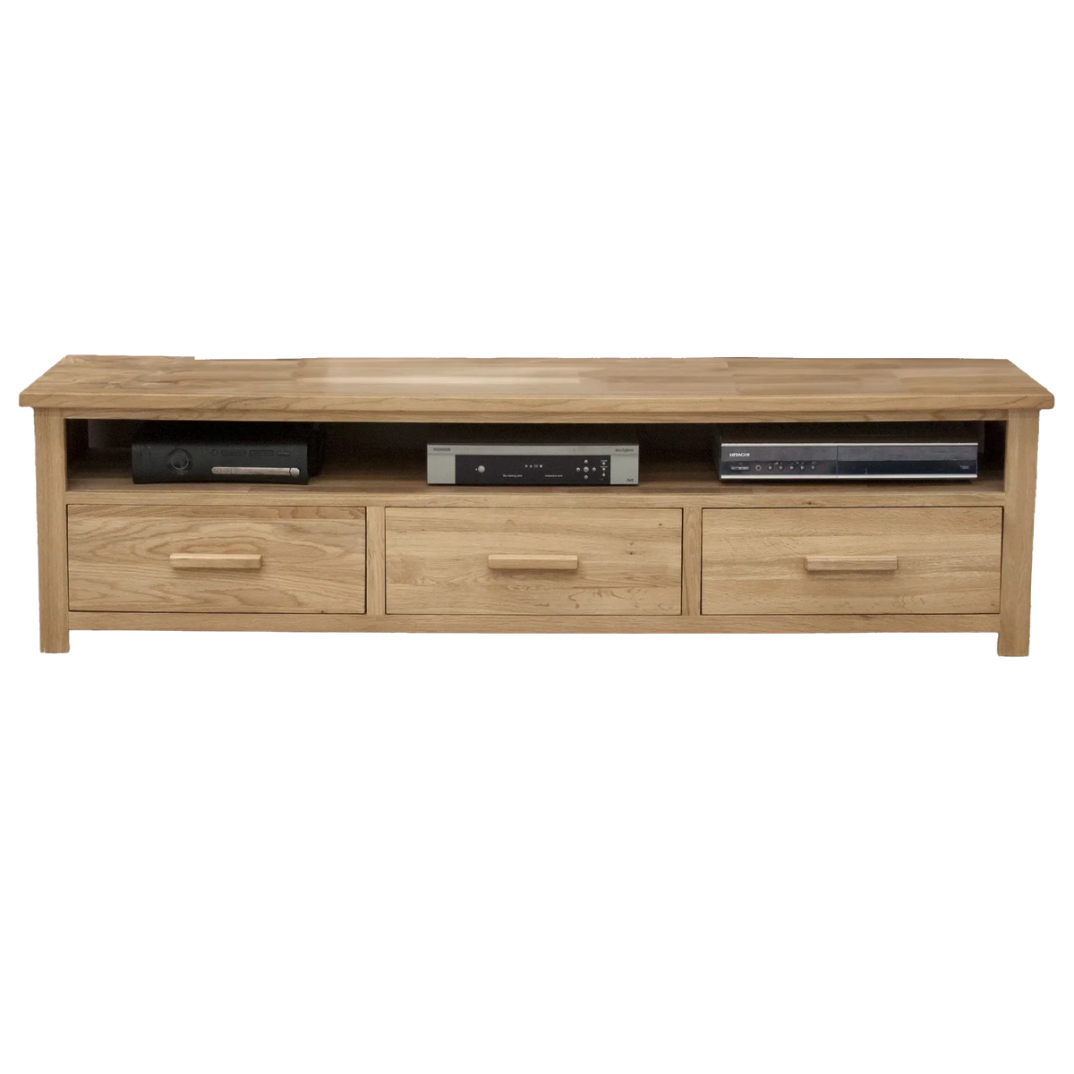 Oak TV unit with three drawers and open shelf, featuring natural wood finish