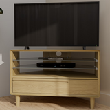 Oak TV unit with glass shelves and storage drawer in modern living room