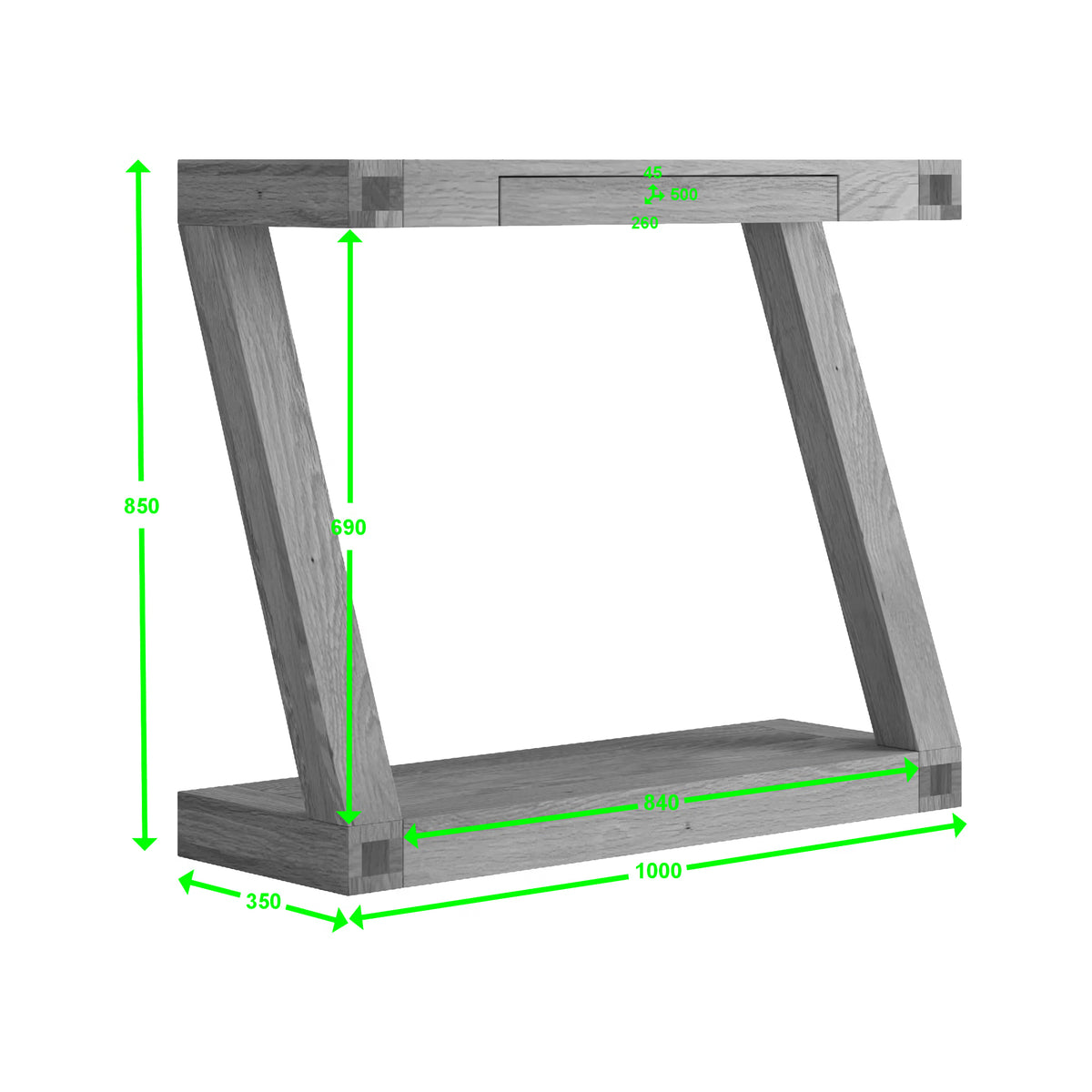 Oak console table with slanted legs and green measurement lines highlighting dimensions