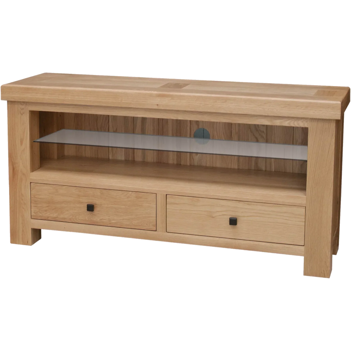 Oak TV unit with glass shelf and two drawers, modern wooden entertainment stand