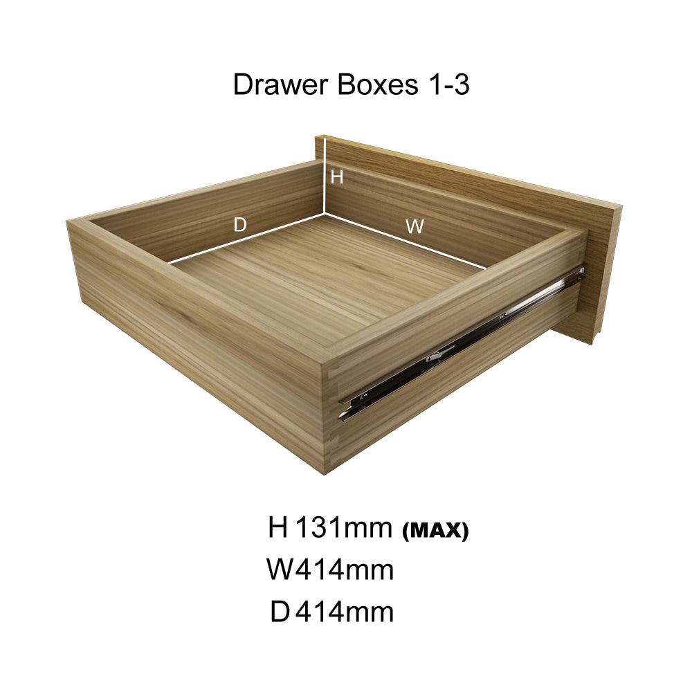 Wooden drawer box with metal runners, labelled dimensions H131mm W414mm D414mm