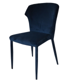 Navy velvet dining chair with angled legs and curved backrest