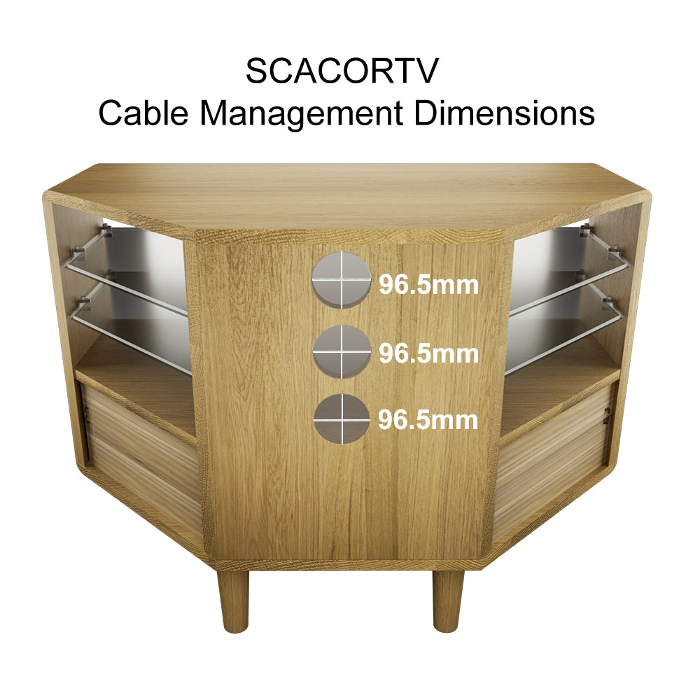 Oak TV stand with three cable management holes, glass shelves, and corner design