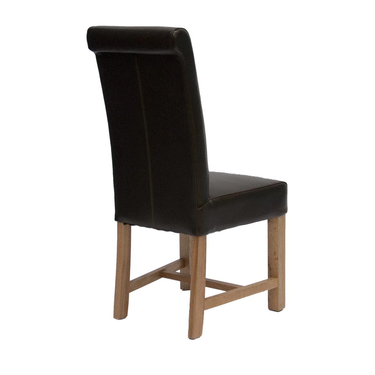 Brown leather dining chair with oak legs angled rear view