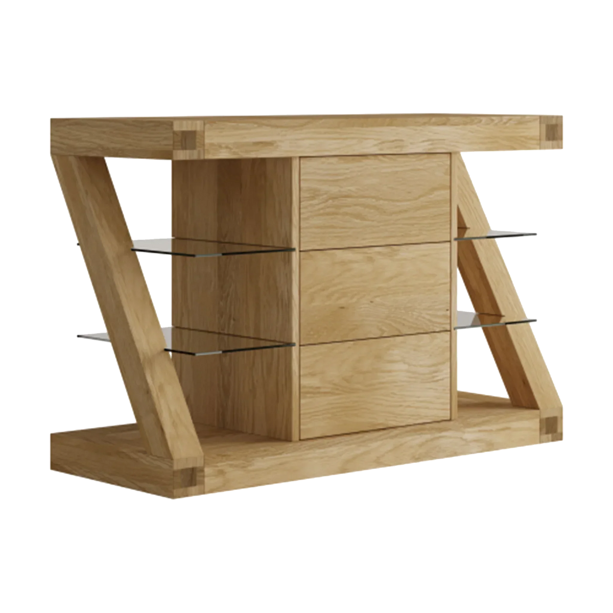 Modern oak sideboard with angled frame and glass shelves