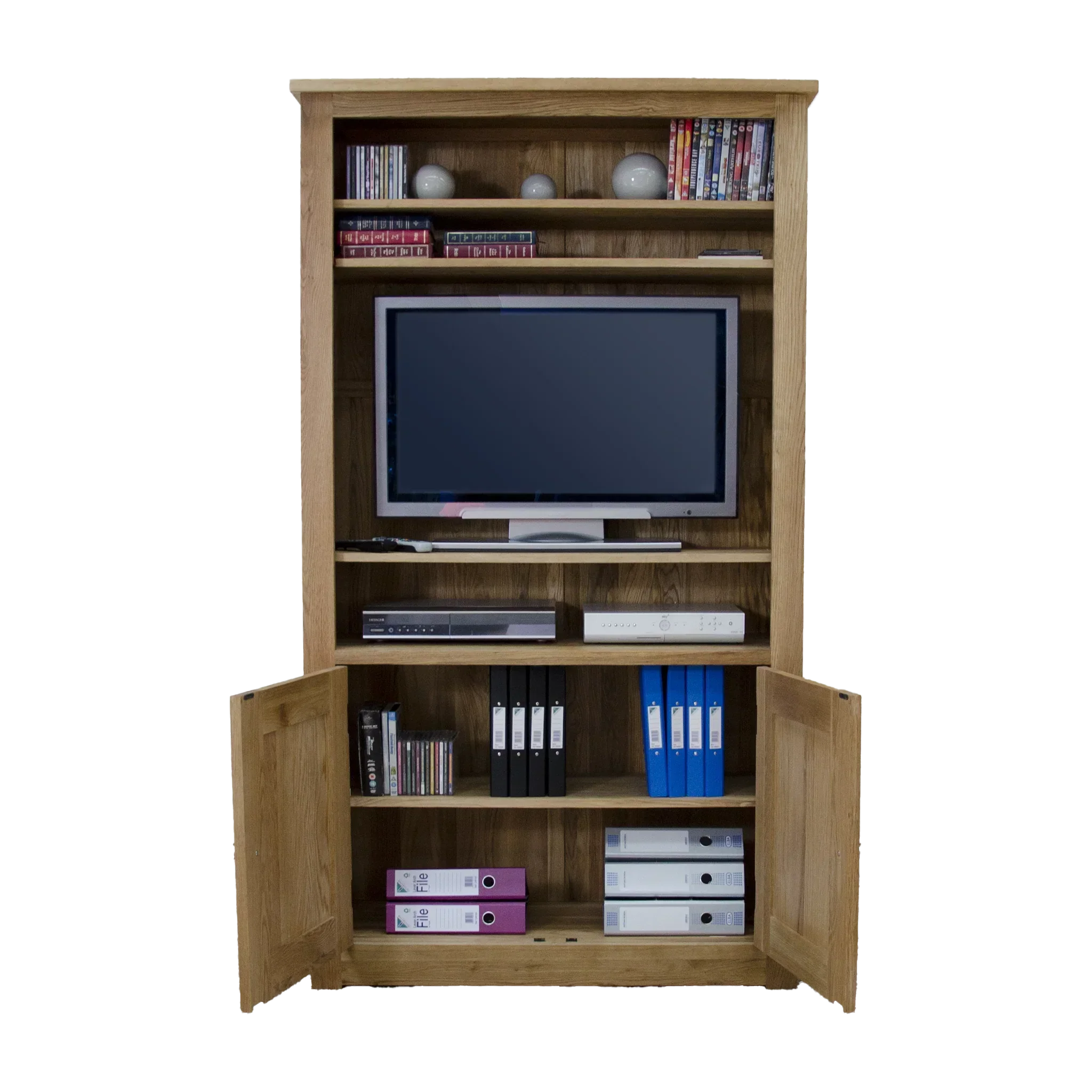 Oak TV unit with open shelves, storage for files, DVDs, and electronics