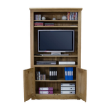 Oak TV unit with open shelves, storage for files, DVDs, and electronics