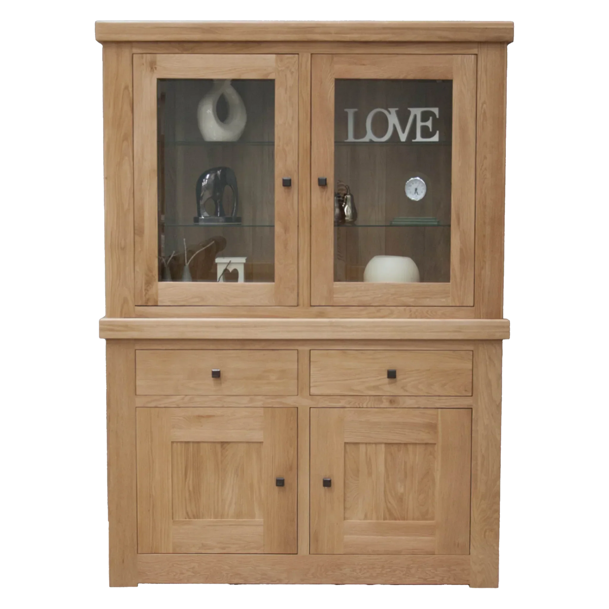 Oak display cabinet with glass doors, two drawers, and lower storage cupboards