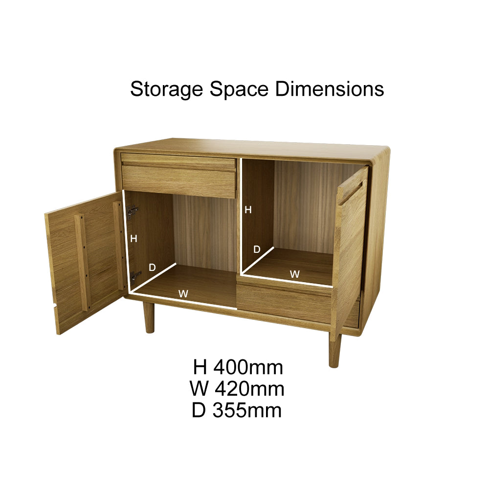 Wooden storage cabinet with open doors showing internal shelf dimensions labeled