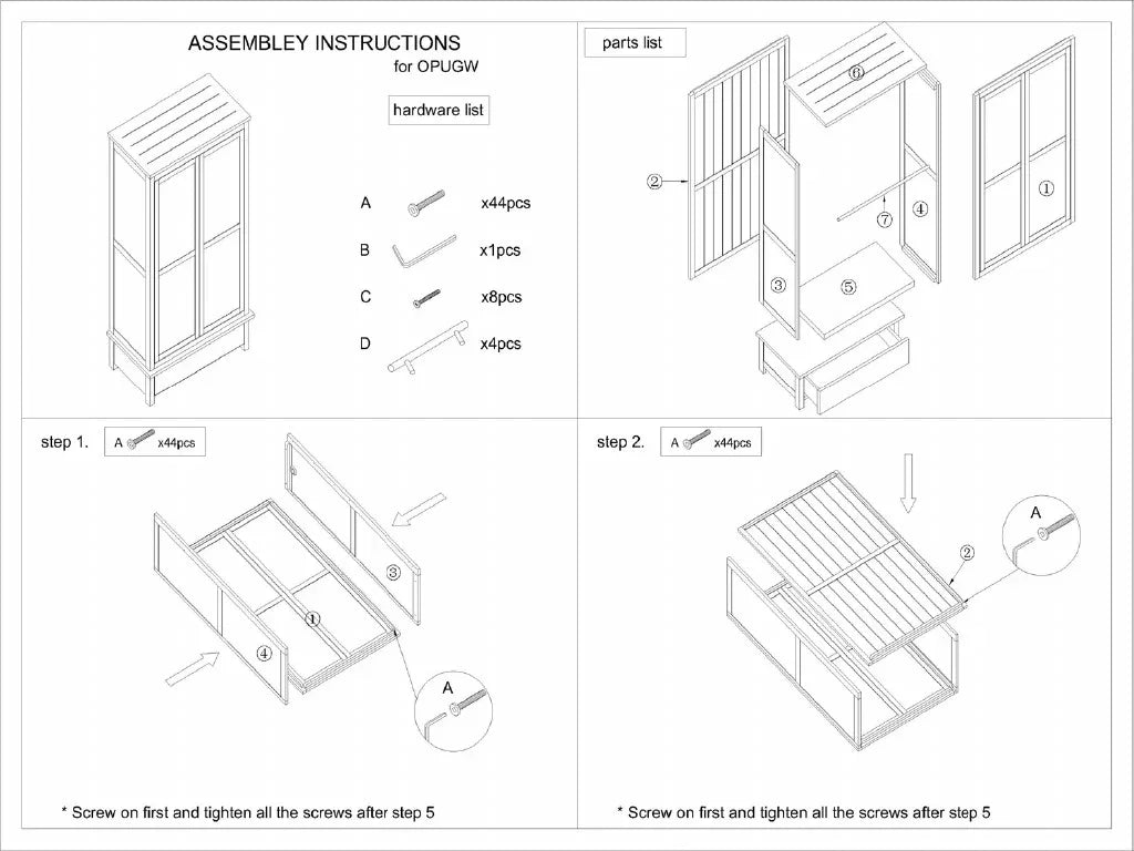 Wardrobe assembly instructions with hardware list and step-by-step furniture construction diagrams