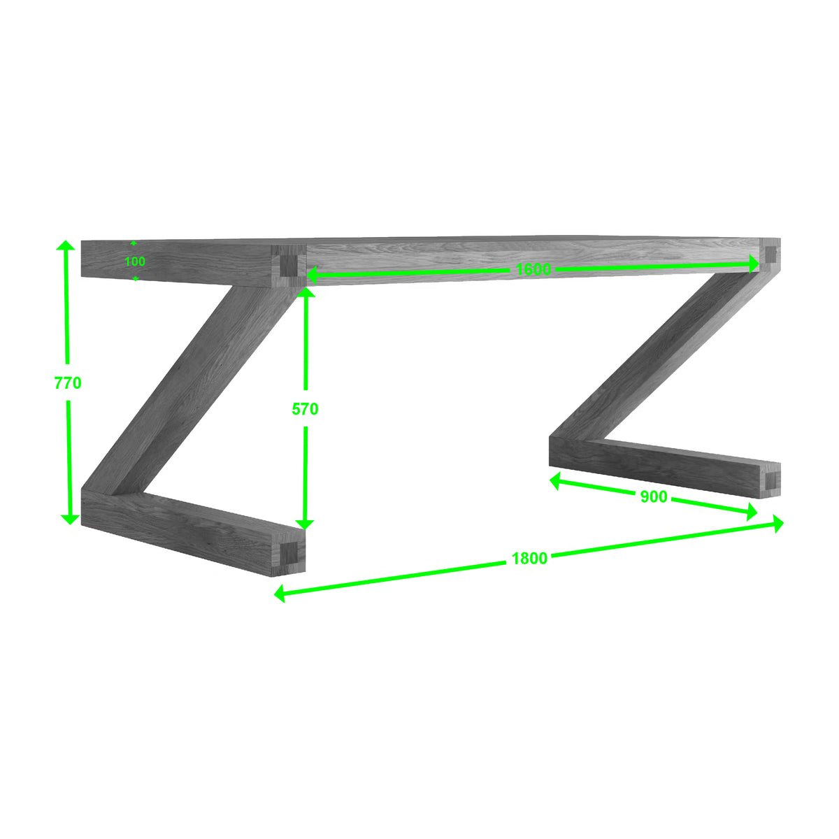 Grey wooden dining table with Z-shaped legs and green measurement annotations