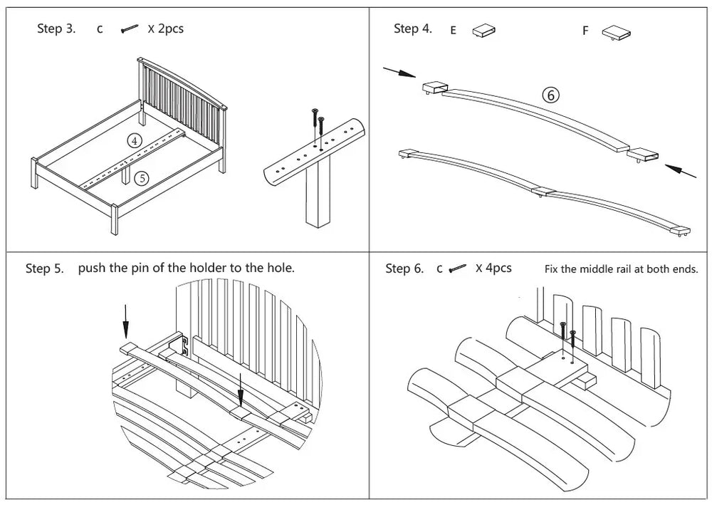 Wooden bed assembly instructions showing slatted frame, hardware, and step-by-step guide