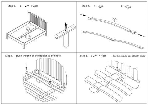 Wooden bed assembly instructions showing slatted frame, hardware, and step-by-step guide