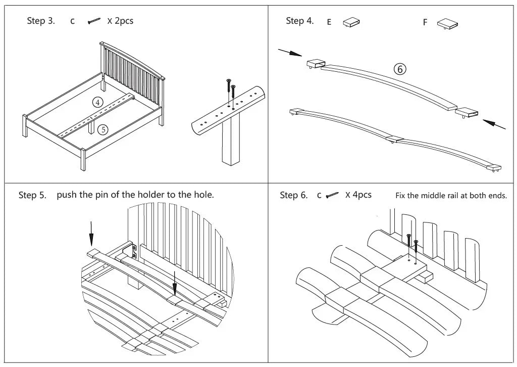 Wooden bed assembly instructions showing slatted frame, hardware, and step-by-step guide