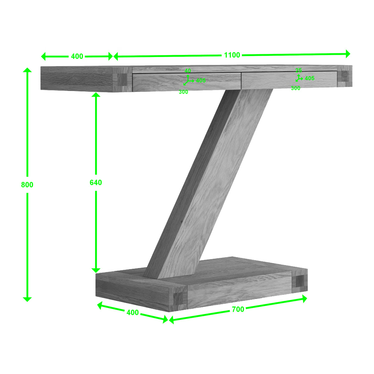 Oak console table with Z-shaped leg and dimensions marked in green