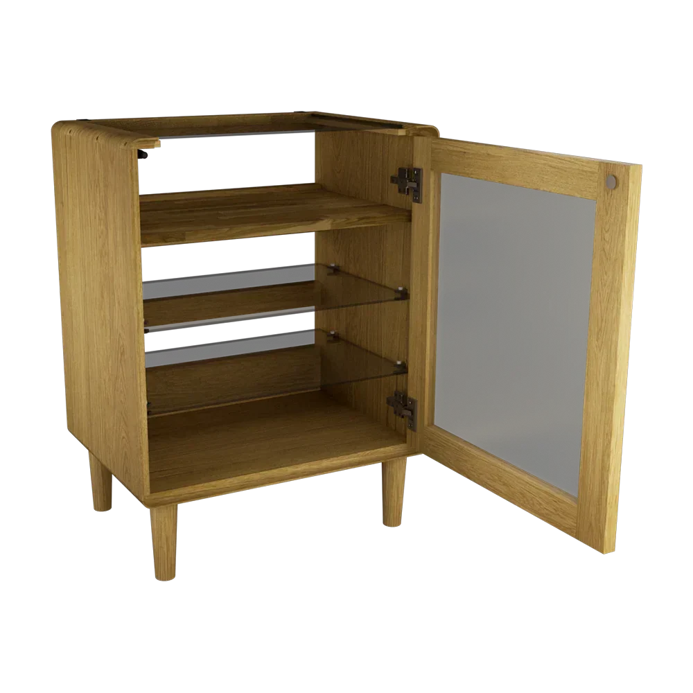 Oak storage cabinet with open door, glass shelves and black panel accent