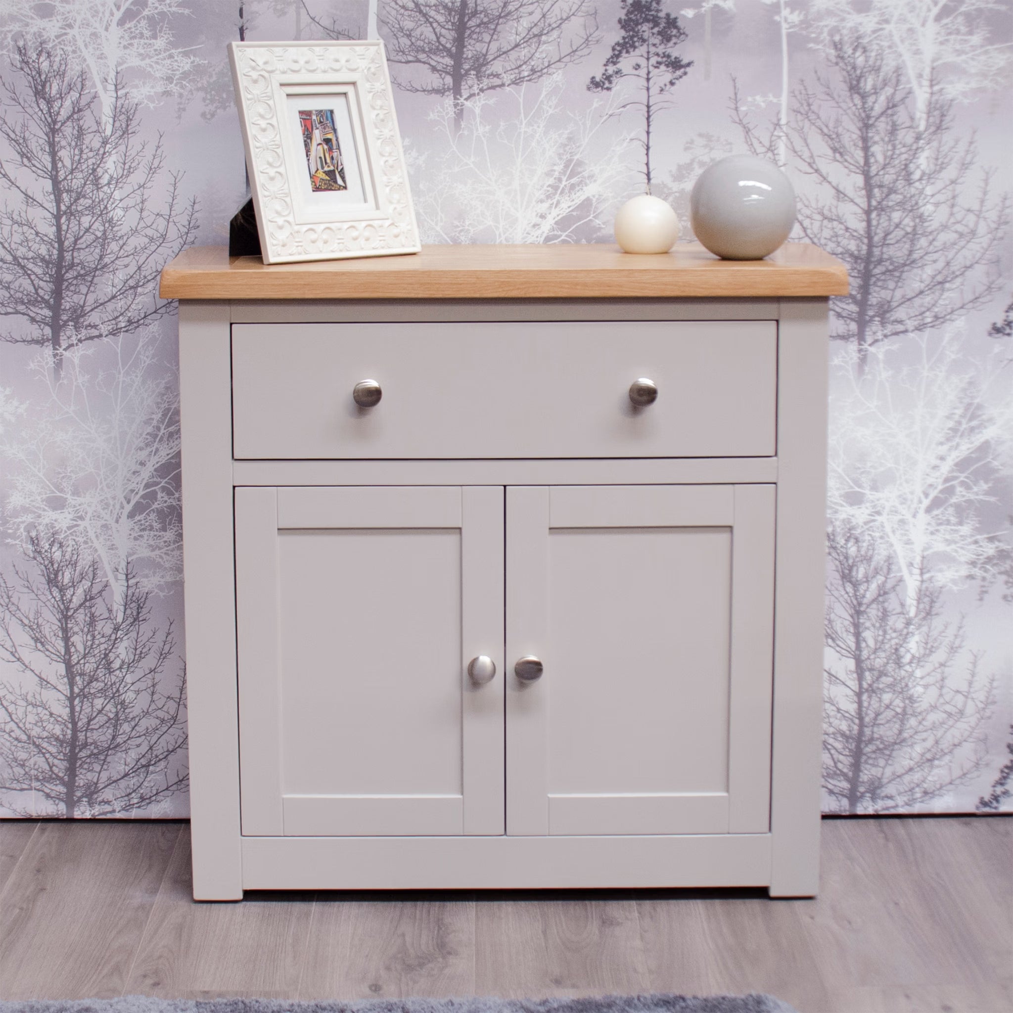 Grey painted sideboard with oak top, two doors and drawer, modern living room furniture